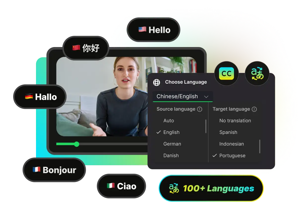 A video with a language selection dropdown showing multiple language options for subtitles